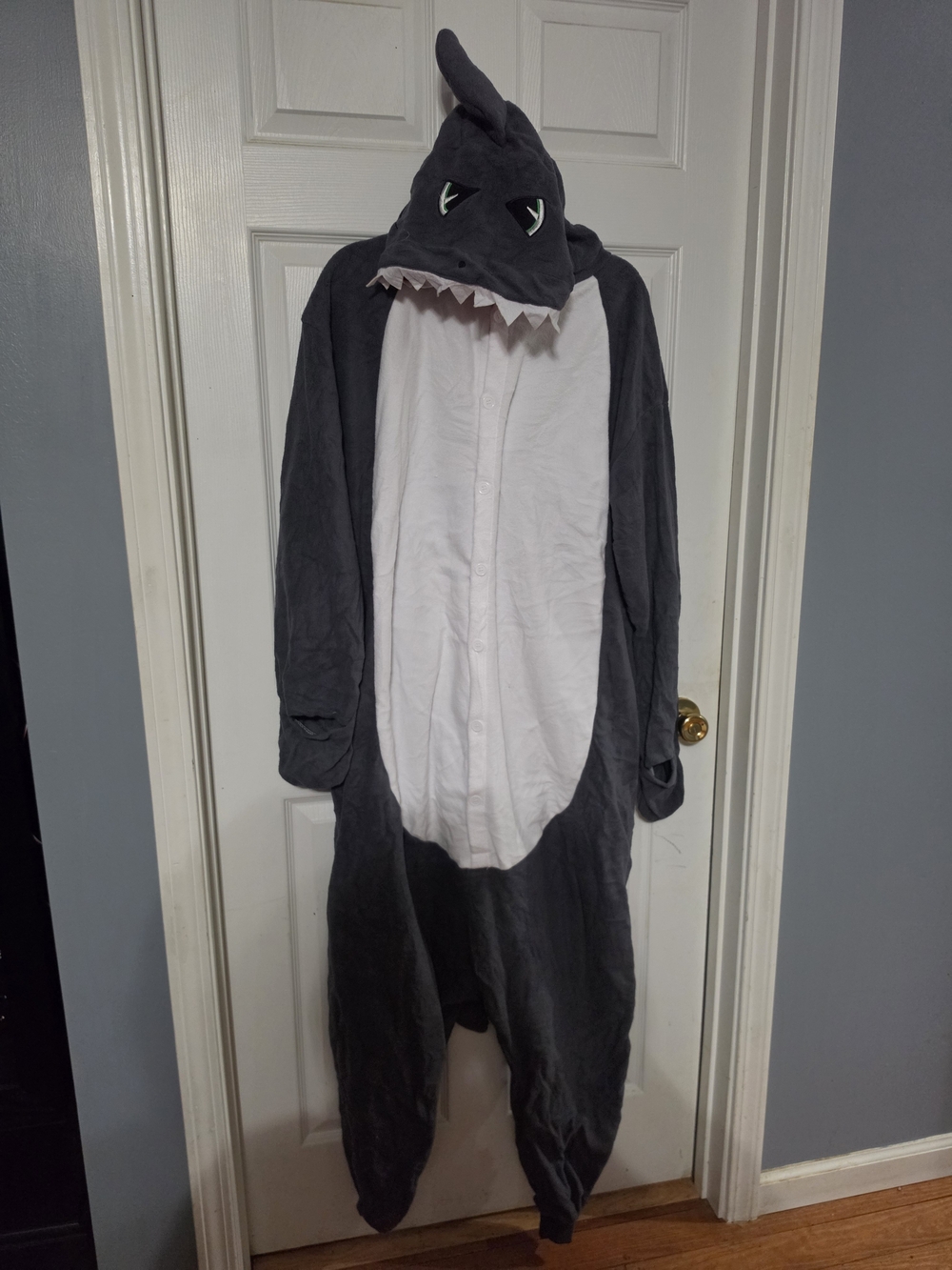 Gray and White Shark Adult Costume Onesie - Plush Hooded Jumpsuit